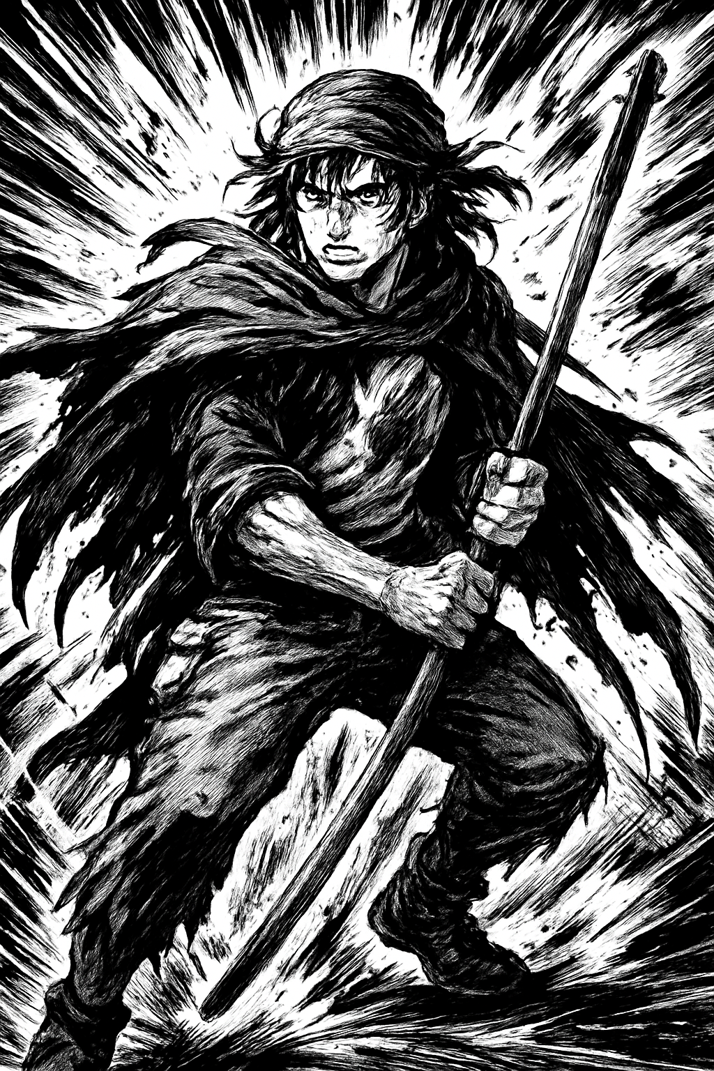 a black and white drawing of a man holding a sword