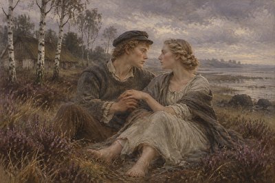a painting of two people sitting in a field