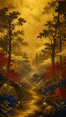 a mysterious forest path with fireflies and drifting mist, atmospheric vertical composition with open space at the top, no text