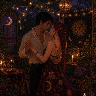 an original couple dancing under string lights in a garden at dusk: a man with short black hair in a linen shirt and a woman with braided red hair in a summer dress