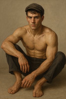 a painting of a shirtless man sitting on the ground