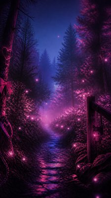 a mysterious forest path with fireflies and drifting mist, atmospheric vertical composition with open space at the top, no text