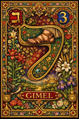 A picture of the Hebrew letter Gimel including in the design a picture of a sandaled foot and the modern Hebrew Gimel symbol ג , the number 3 and the name of the letter "Gimel" . With no other number or letter symbols included