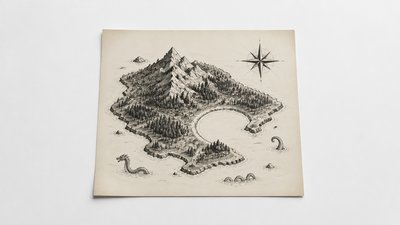 a map of an island realm with mountains, forests, a sheltered bay, sea monsters in the water and a compass rose, no text labels
