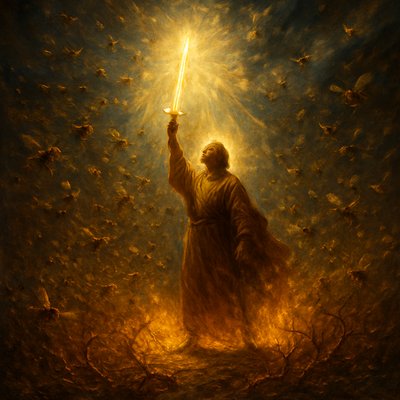 A vivid, dramatic scene depicting a lone figure standing resiliently in the center of a swirling swarm of bees, their forms illuminated by a fiery glow as thorns around them burn brightly, then fade into ash. The figure, clad in simple yet radiant robes, holds a shining sword raised triumphantly, symbolizing divine strength and victory. Behind them, a radiant light bursts forth, representing the presence of the Lord, with beams breaking through a stormy sky. The ground beneath the figure is cracked but stable, showing they were pushed but did not fall. The atmosphere is intense yet hopeful, with a harmonious blend of danger and divine protection, capturing the essence of Psalm 118:12-14--strength, salvation, and triumph through faith. The color palette includes fiery oranges, deep golds, and cool blues to contrast the chaos with divine peace. Ultra-realistic, slightly surreal. Extreme detail.