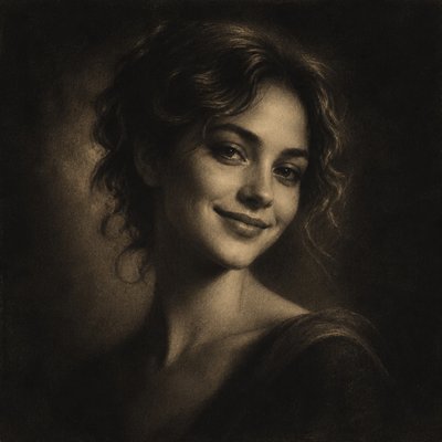 head-and-shoulders portrait of an original character: a young woman with wavy chestnut hair and a warm smile, plain soft backdrop