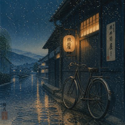 bicyle resting against a wall — Shin-hanga Print Style