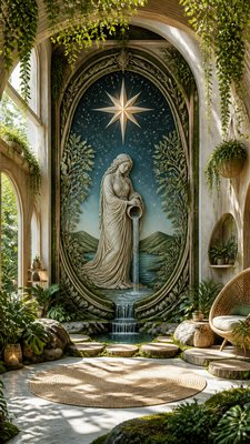 a robed figure pouring water beneath a large eight-pointed star in a night sky, symmetrical composition with an ornate decorative border, no text