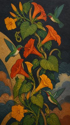 a climbing vine of flowers and hummingbirds on a dark background, tall wrapping composition, no text