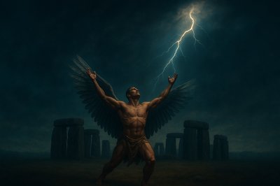 a painting of a man with wings and a lightning bolt
