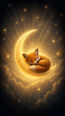 a sleeping baby fox curled on a crescent moon among soft stars, gentle and warm, no text