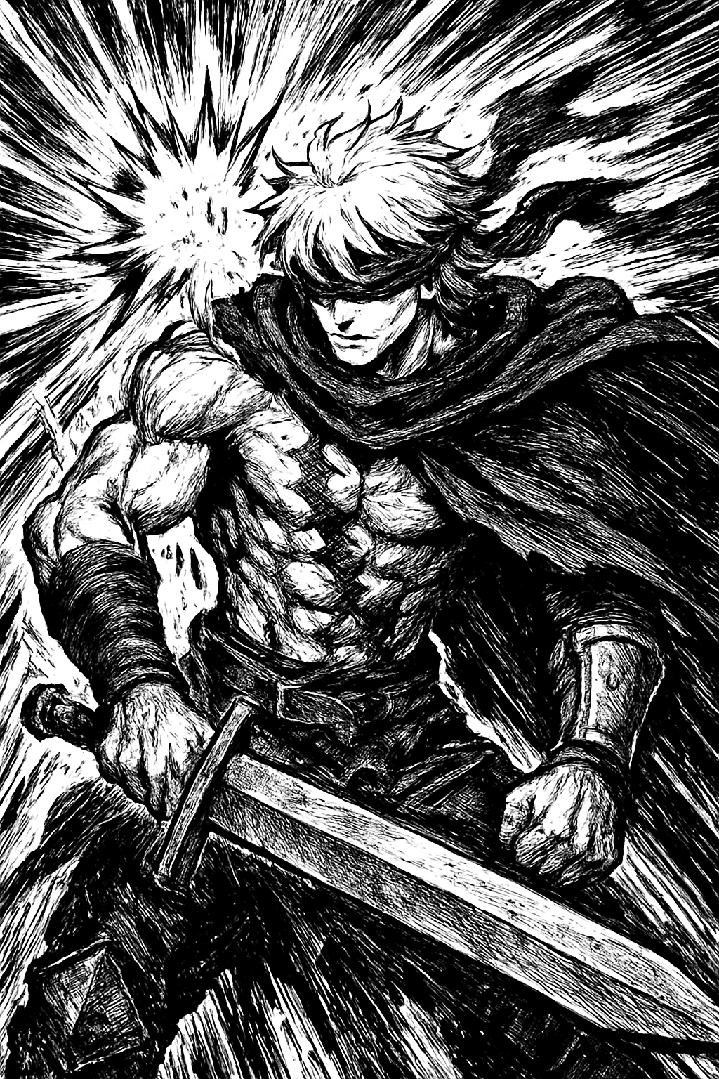 a black and white drawing of a man holding a sword