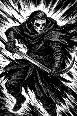 a black and white drawing of a man with a sword