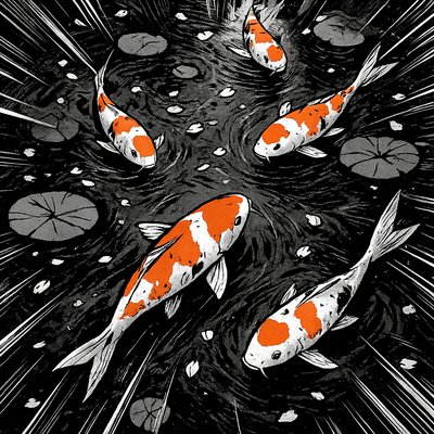 A koi pond seen from above, orange and white koi fish swimming among lily pads, clear water with subtle ripples, fallen cherry blossom petals floating on the surface, dappled sunlight