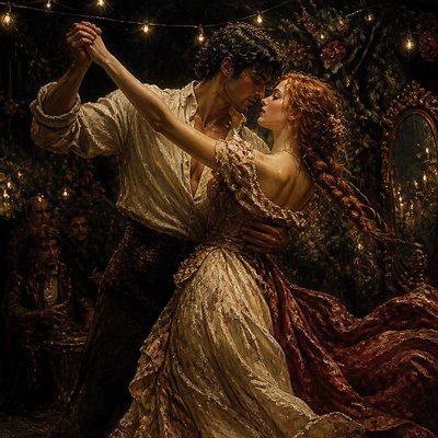 an original couple dancing under string lights in a garden at dusk: a man with short black hair in a linen shirt and a woman with braided red hair in a summer dress