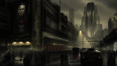 bustling city street panorama at dusk