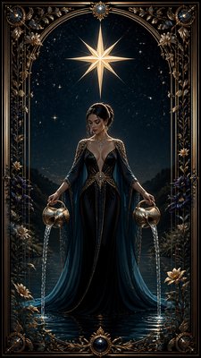 a robed figure pouring water beneath a large eight-pointed star in a night sky, symmetrical composition with an ornate decorative border, no text