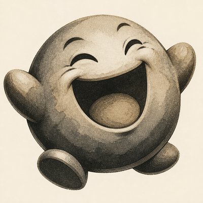an exaggerated laughing face of an original round mascot character, bold and readable at small size, plain background, no text