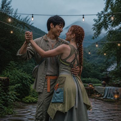 an original couple dancing under string lights in a garden at dusk: a man with short black hair in a linen shirt and a woman with braided red hair in a summer dress