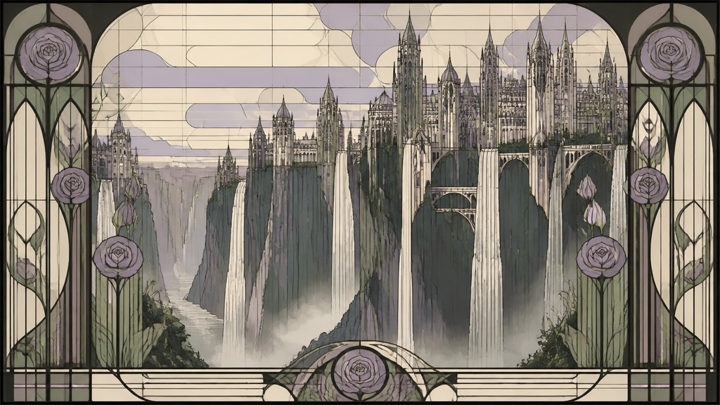a cliffside city with waterfalls cascading into a misty canyon, wide establishing shot, no people, no text