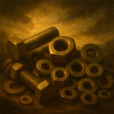a painting of nuts and bolts on a brown background