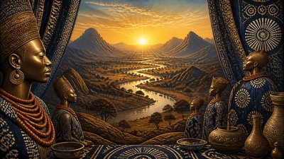 a vast valley with a river winding toward distant mountains at sunrise, no people, no text