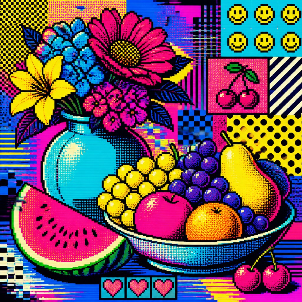 still life arrangement of fruits and flowers