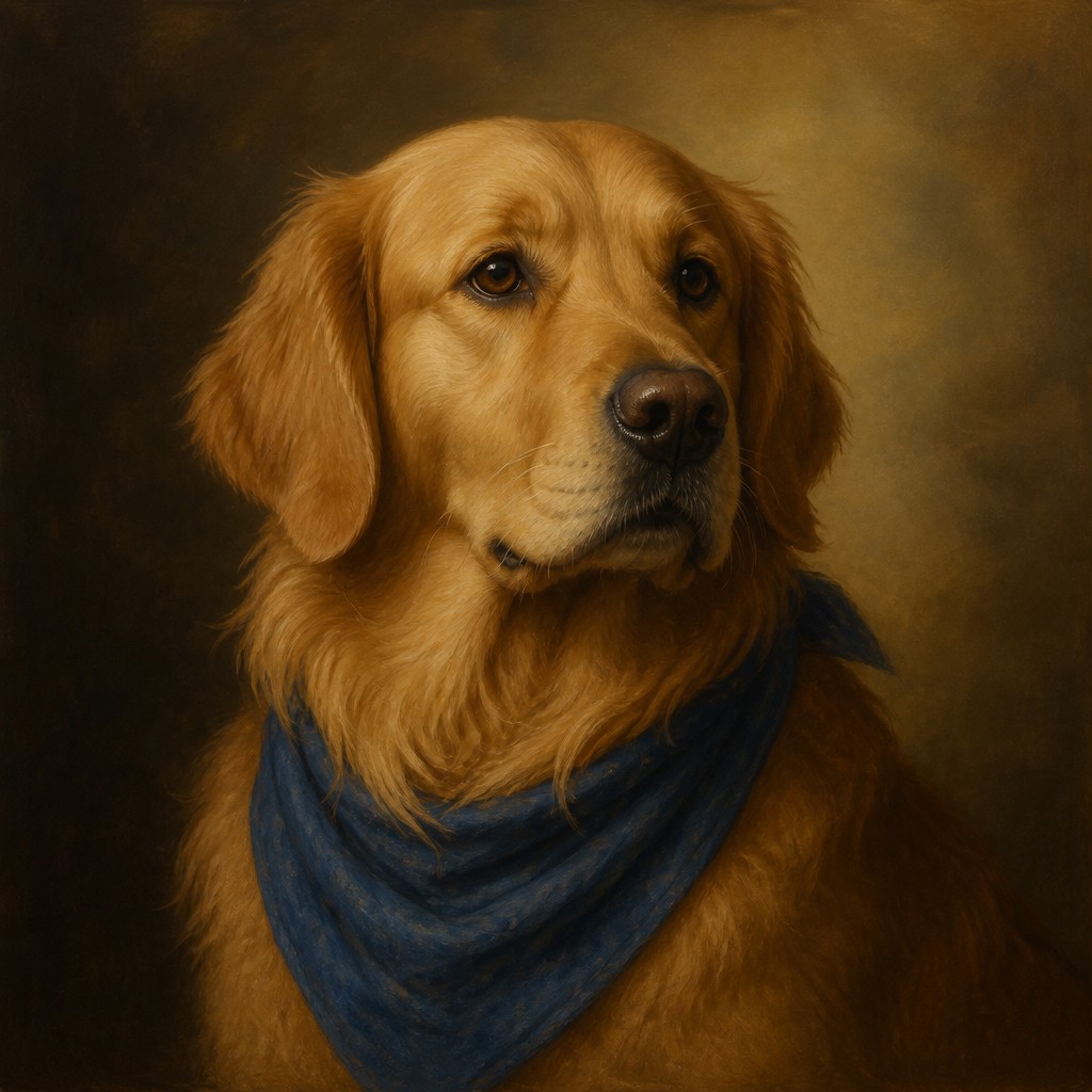 portrait of a golden retriever wearing a blue bandana, warm plain backdrop, no text