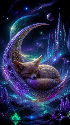 a sleeping baby fox curled on a crescent moon among soft stars, gentle and warm, no text