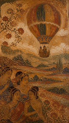 a hot air balloon drifting over rolling flower fields on a sunny day, cheerful, no text