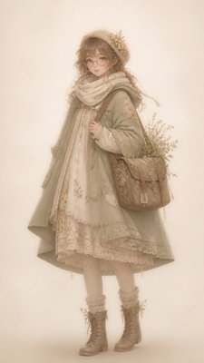 full-body original character: a wandering botanist with a satchel of plants, a patched green cloak, tall boots and round glasses, neutral background