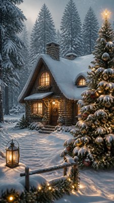 a snow-covered cottage with warm glowing windows beside a decorated pine tree, gentle snowfall, no text