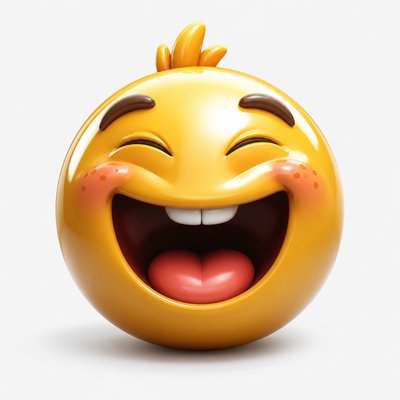 an exaggerated laughing face of an original round mascot character, bold and readable at small size, plain background, no text