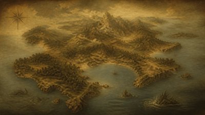 a map of an island realm with mountains, forests, a sheltered bay, sea monsters in the water and a compass rose, no text labels