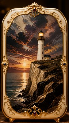 a lone lighthouse on a cliff at dusk under a dramatic sky, no text or lettering