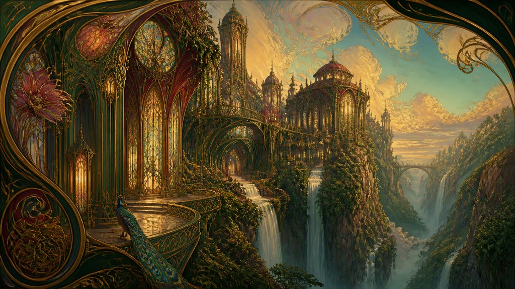a cliffside city with waterfalls cascading into a misty canyon, wide establishing shot, no people, no text