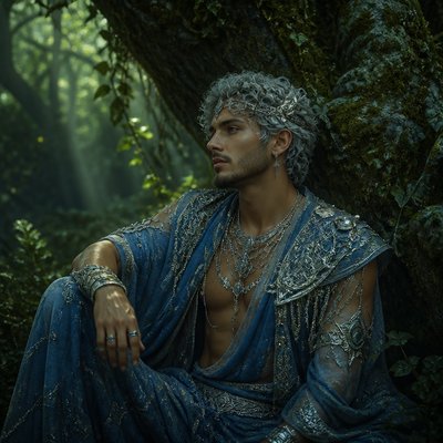Arabic lightskin man blue and silver look like a mythologie god