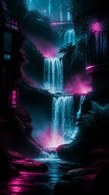a cascading waterfall in a lush green gorge, no people