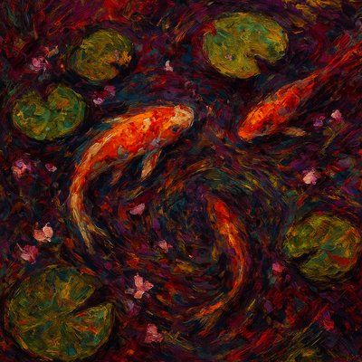 A koi pond seen from above, orange and white koi fish swimming among lily pads, clear water with subtle ripples, fallen cherry blossom petals floating on the surface, dappled sunlight