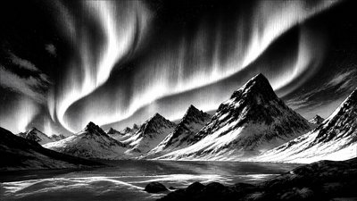 a flowing aurora over snowy peaks, wide sweeping composition, no people, no text