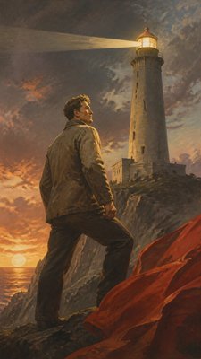 a lone lighthouse on a cliff at dusk under a dramatic sky, no text or lettering