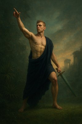 a painting of a man holding a sword