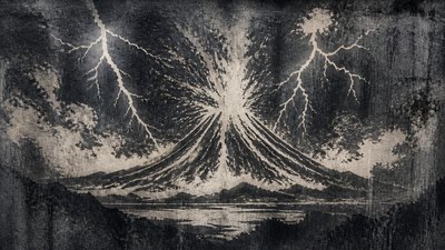 an erupting volcano with lightning strikes, dramatic wide composition, no text