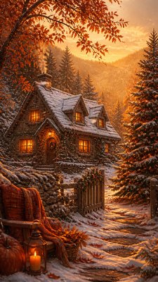 a snow-covered cottage with warm glowing windows beside a decorated pine tree, gentle snowfall, no text