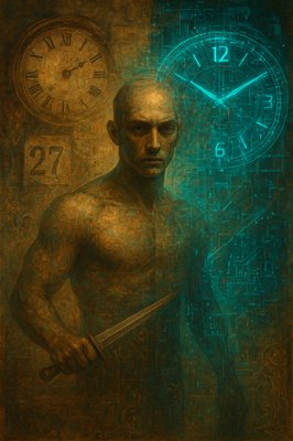a painting of a man holding a knife in front of a clock