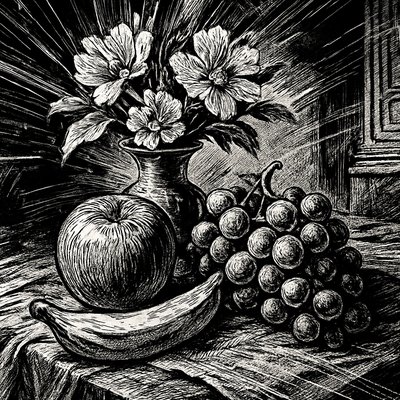 still life arrangement of fruits and flowers