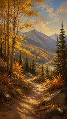 a winding forest path in golden autumn light, no people