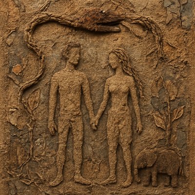 generate an adam and eve motif image in the wilds of Eden and the great serpent over their heads with a pygmy elephant in the background