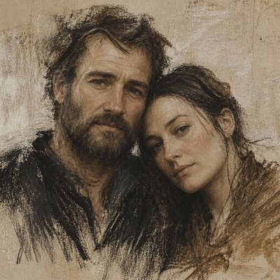 portrait of two people together — Dry Brush Painting Style