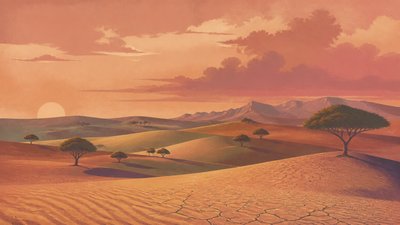 rolling hills with scattered trees under a big dramatic sky, no people